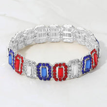 Gold Multi American USA Emerald Cut Crystal Rhinestone Pave Evening Bracelet