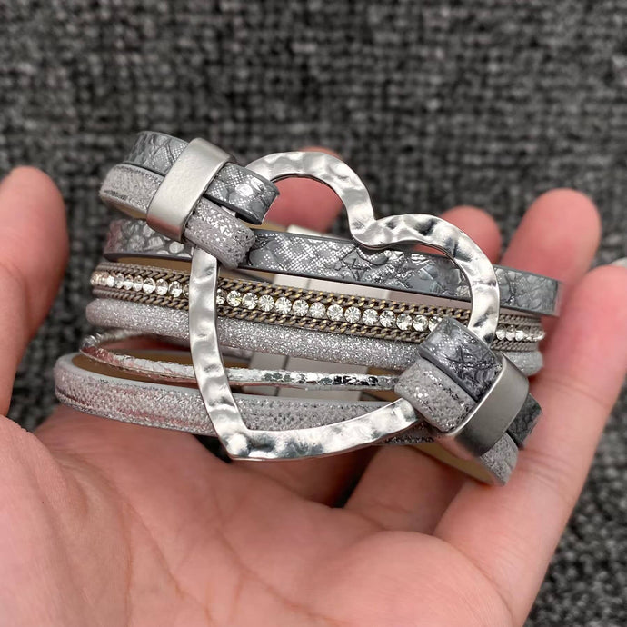 Grey Heart Charm Rhinestone Leather Magnetic Buckle Bracelet