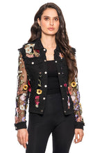 Black Denim Lace Jacket with Floral Embroidery