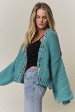 Green Chunky Multicolor Trim Knit Cardigan