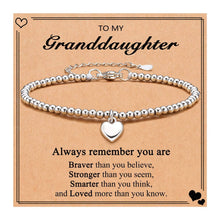 To My Granddaughter Heart Charm Stainless Steel Bracelet with Blessing Cards: