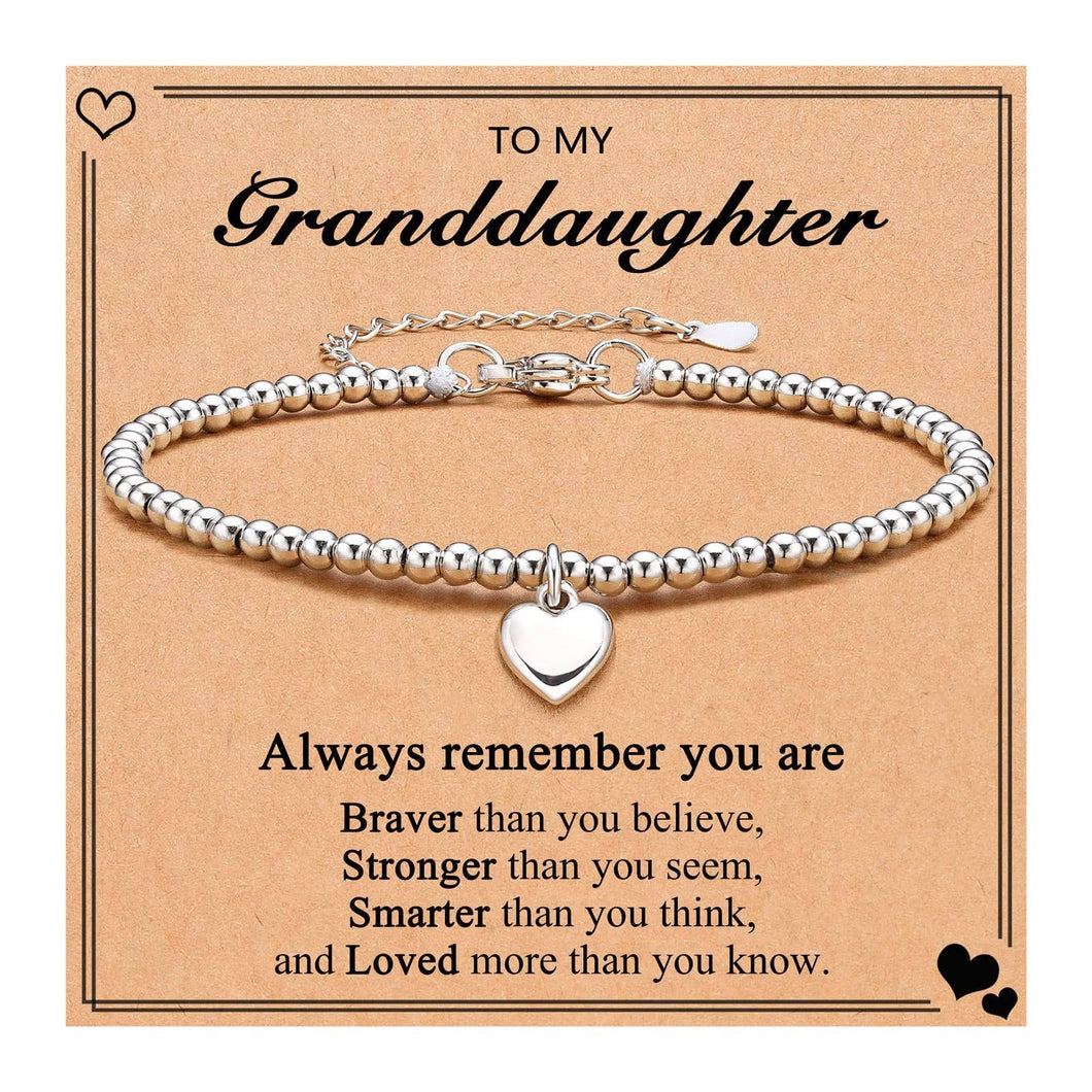 To My Granddaughter Heart Charm Stainless Steel Bracelet with Blessing Cards: