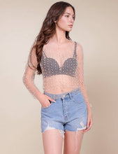 Nude Pearl Rhinestone Studded See Through Mesh Crop Top