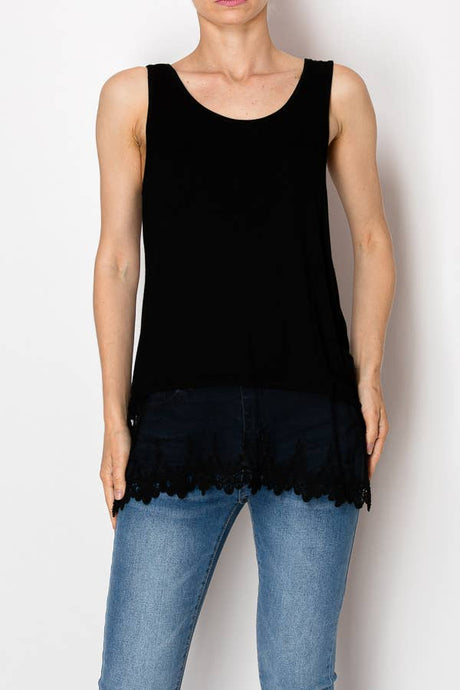 Black Soft Relaxed Tank With Delicate Floral Laced Hem