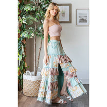 Blue Washed Plaid Flower Patchwork Slit Oli+Hali Maxi Skirt