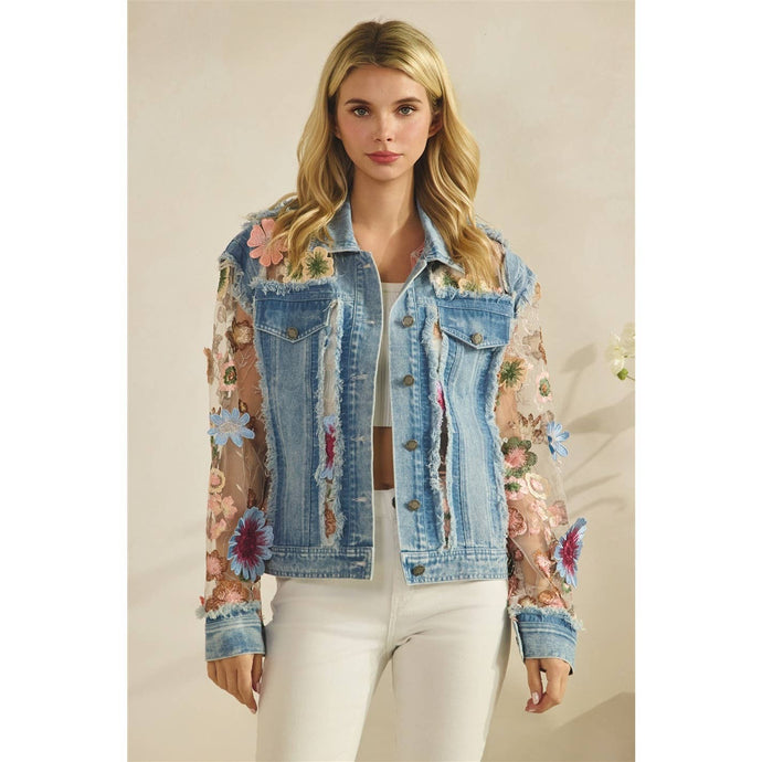 Med Wash Denim Veveret Jacket with Floral Organza Inset