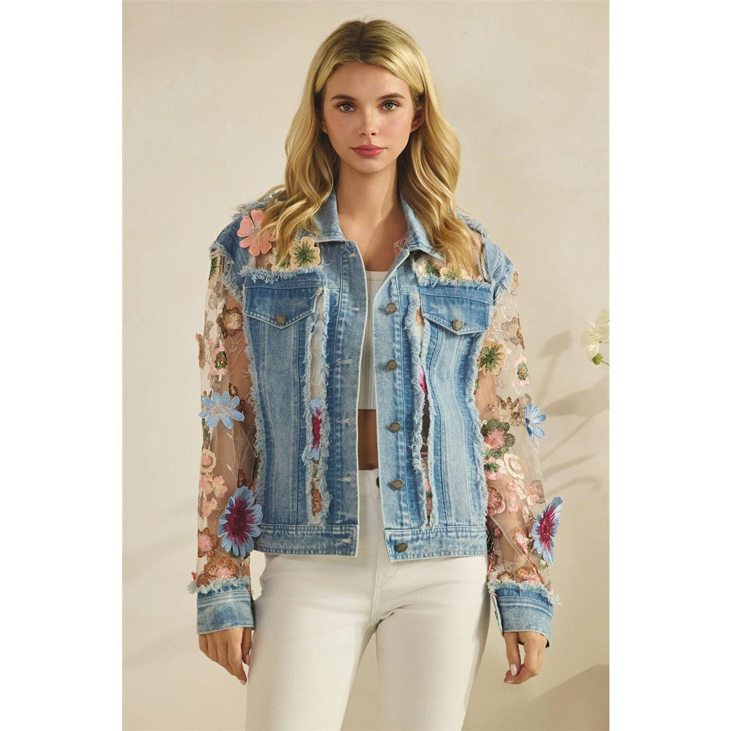 Med Wash Denim Veveret Jacket with Floral Organza Inset