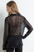Black Sequined Button Down Long Sleeve Mesh Blouse Shirt