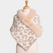 Beige Faux Fur Trim Leopard Pattern Shawl Wrap