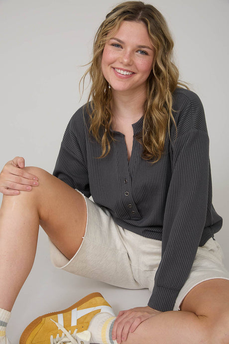 Charcoal Washed Ribbed Long Sleeve Henley Knit Top