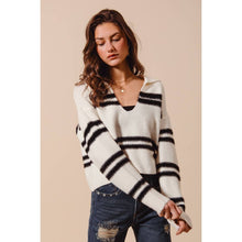 FUZZY HAIRY STRIPE DEEP U NECK SWEATER TOP: IVORY/BLACK / S