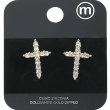 Yellow Gold Dipped Cross CZ Stone Stud Earrings