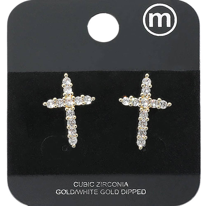 Yellow Gold Dipped Cross CZ Stone Stud Earrings