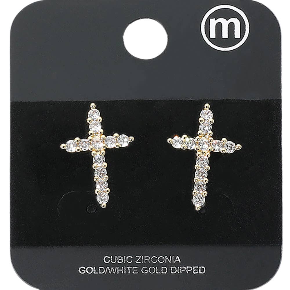 Yellow Gold Dipped Cross CZ Stone Stud Earrings