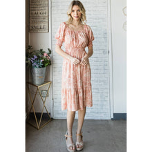 Peach Vintage Floral Square Neck Midi Dress