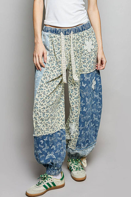 Blue Butterfly Crochet patch detail contrast patchwork printed woven POL pants