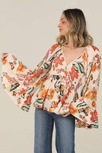 Ivory V Neck Wide Bell Sleeve Floral Top
