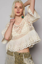 Natural Round neck short sleeve floral eyelet crochet POL top
