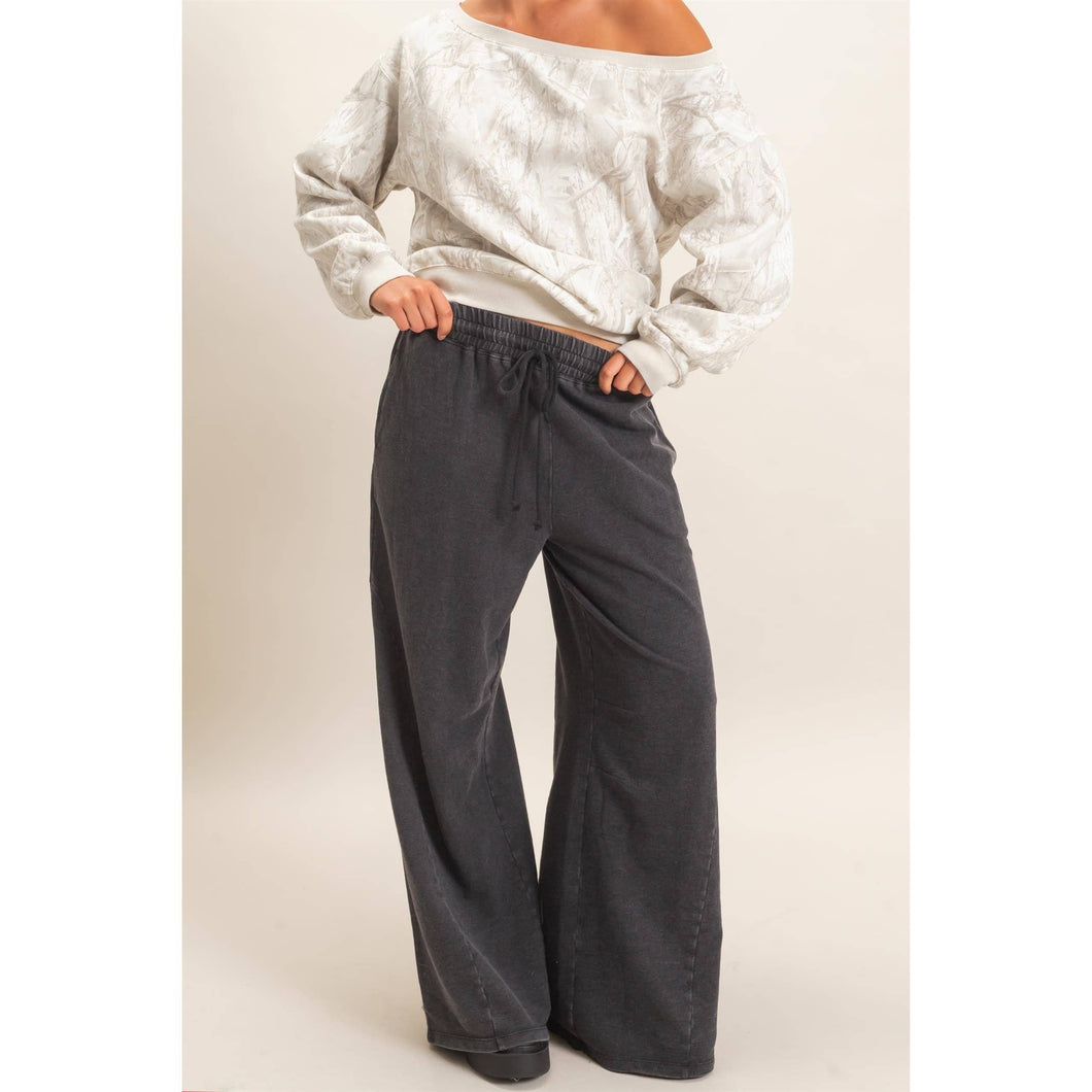 Black Mineral Washed Wide Leg Pants