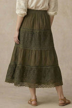 Olive Elastic Waist Maxi Mello Skirt with Lace Trim