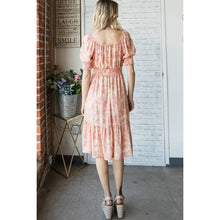 Peach Vintage Floral Square Neck Midi Dress