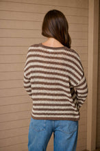 STRIPE RAW EDGE SPLIT NECK SHEER KNIT SWEATER : NAVY