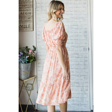 Peach Vintage Floral Square Neck Midi Dress