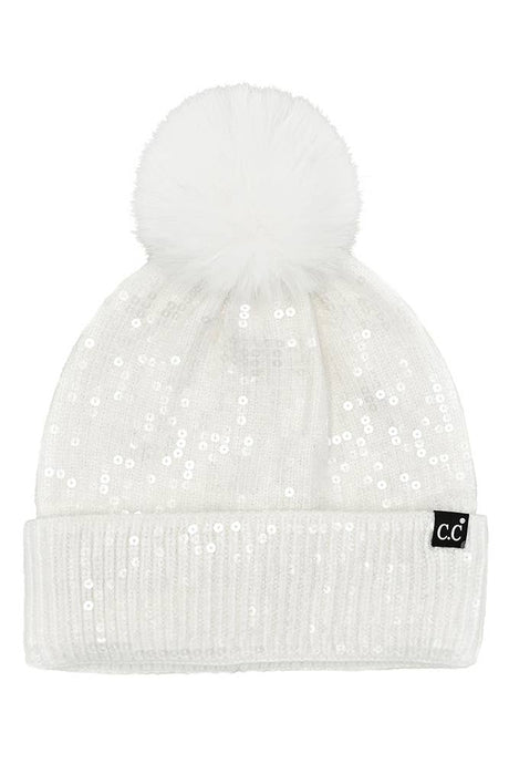 Ivory C.C All Over Clear Sequin Pom Beanie