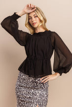 Black Smocked Neck Sheer Sleeve Blouse Top