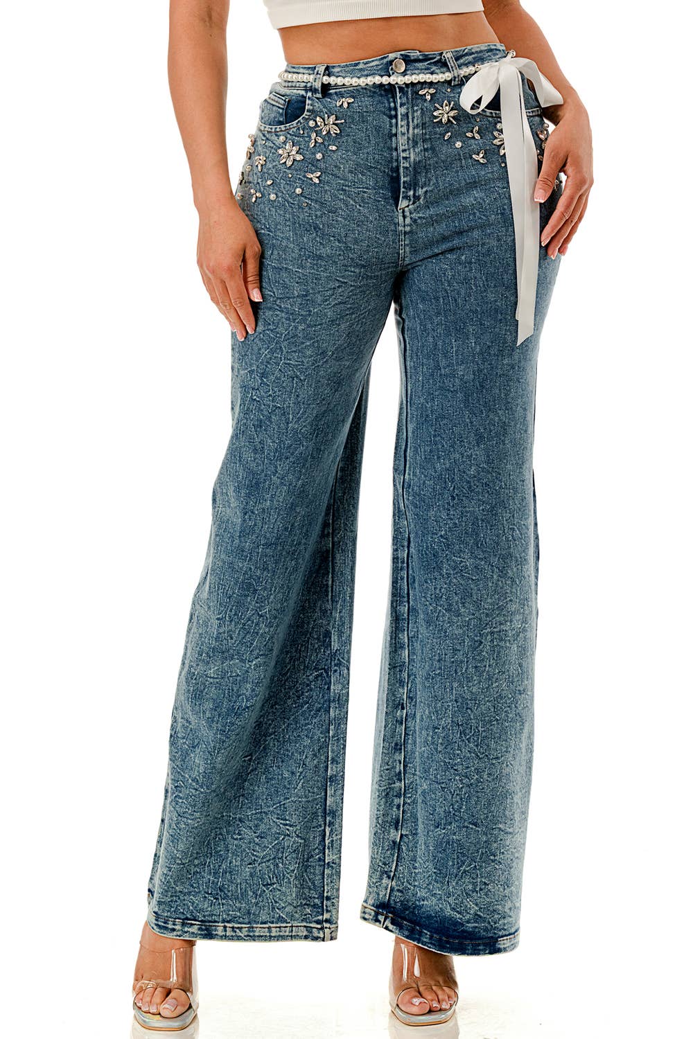 Blue Pearl & Floral Embellished Wide-Leg Jeans