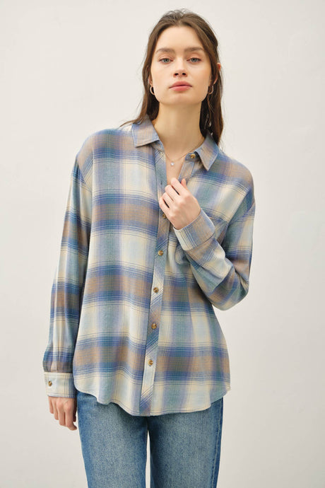Retro Blue Vintage Plaid Boxy Shirt