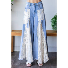 Denim Lace Insert Ruffle Flare Wide Leg Oli+Hali Pants