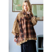 Brown Mixed Plaid Bubble Short Sleeve Oli+Hali Blouse