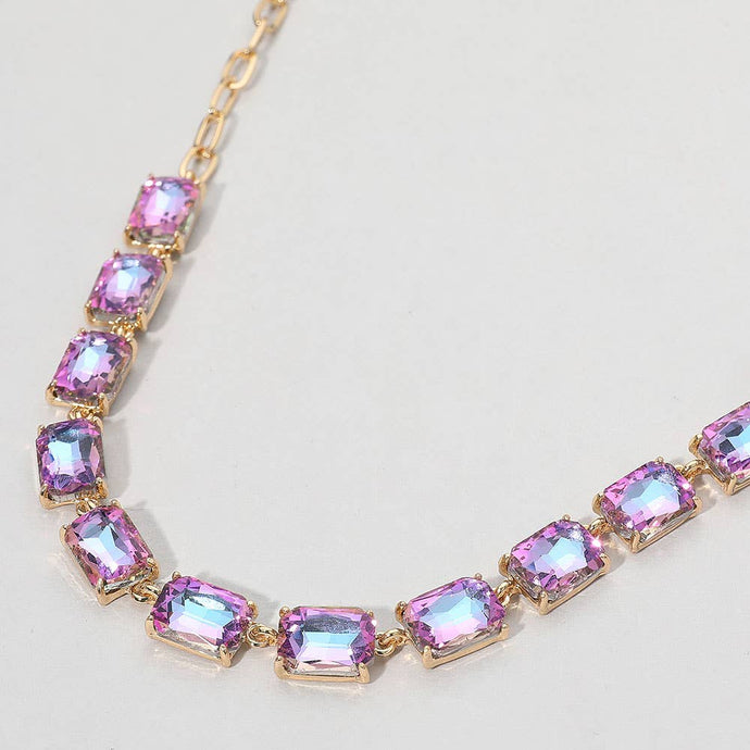 Lavender Cushion Rectangular Stone Cluster Link Evening Necklace