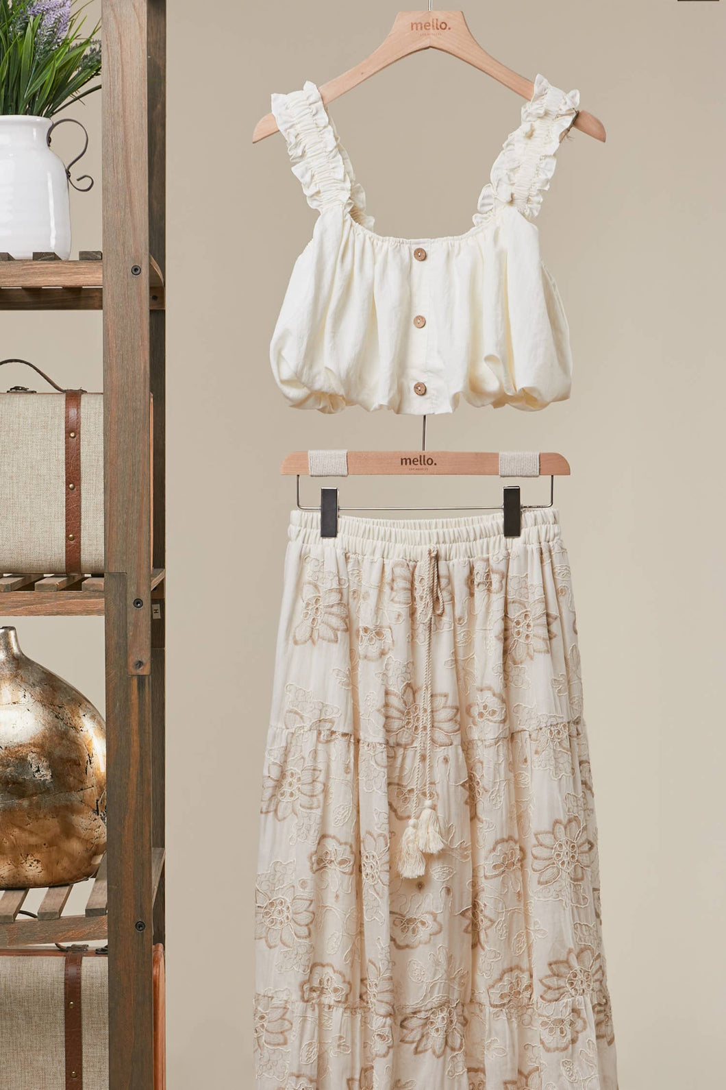 Cream Ruffled Button Front Cropped Tank Mello Top
