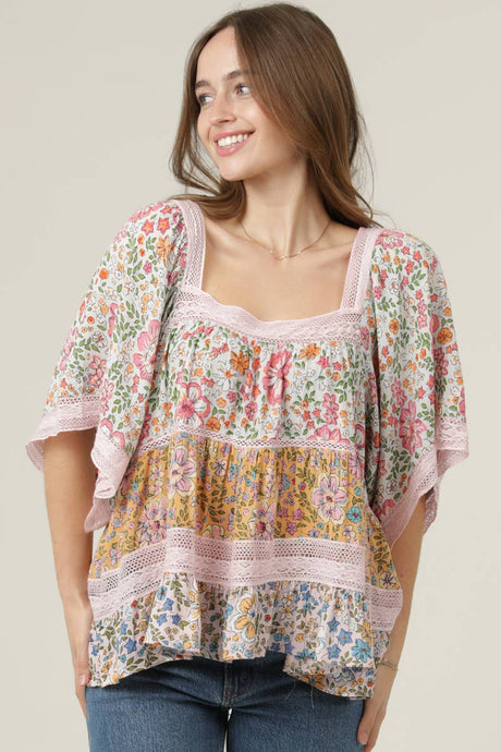 Square Neck Lace Trim Mixed Floral Top