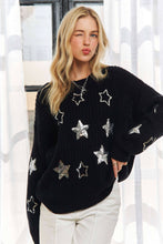 Black Drop Shoulder Sequins Star Sweater