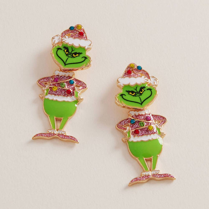 Pink Sparkly Holiday Grinch Green Monster Earrings