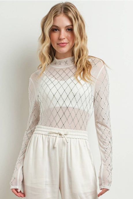 White Rhinestone Bodysuit