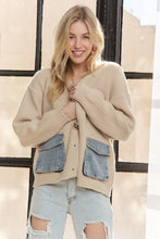 Beige Buttons Striped Denim Pockets Cardigan