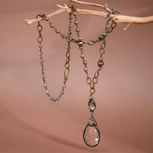 Boho Long Beaded Chain Link Necklace, Glass Crystal Teardrop Pendant