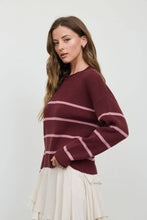 Red Wood Stripe Raw Crew Neck Long Sleeve Sweater