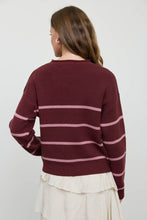 Red Wood Stripe Raw Crew Neck Long Sleeve Sweater