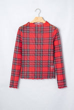 Red Plaid Mesh Lettuce Trim Long Sleeve Top