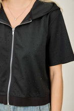 IJ3526 Rhinestone-Adorned Short Sleeve Zip-Up Hoodie Jacket: Black / L