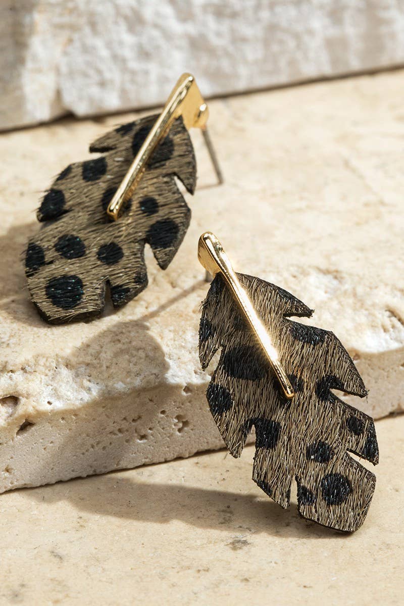 Cheetah Grey Genuine Leather Banana Leaf Earrings