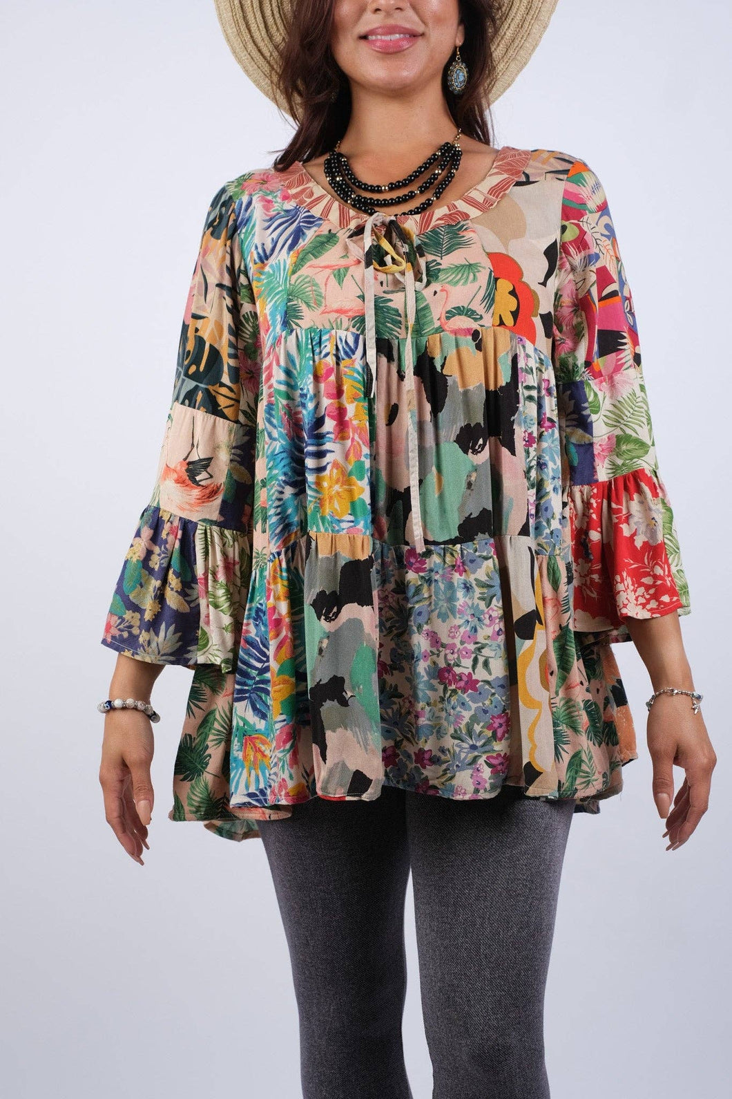 Tropical Symphony Summer Patchwork Top with Bell Sleeves