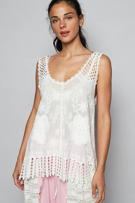 White V-neck sleeveless floral embroidery crochet POL top