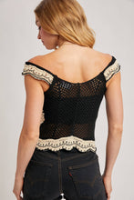 Black Combo Crochet Ruffled Knit Top