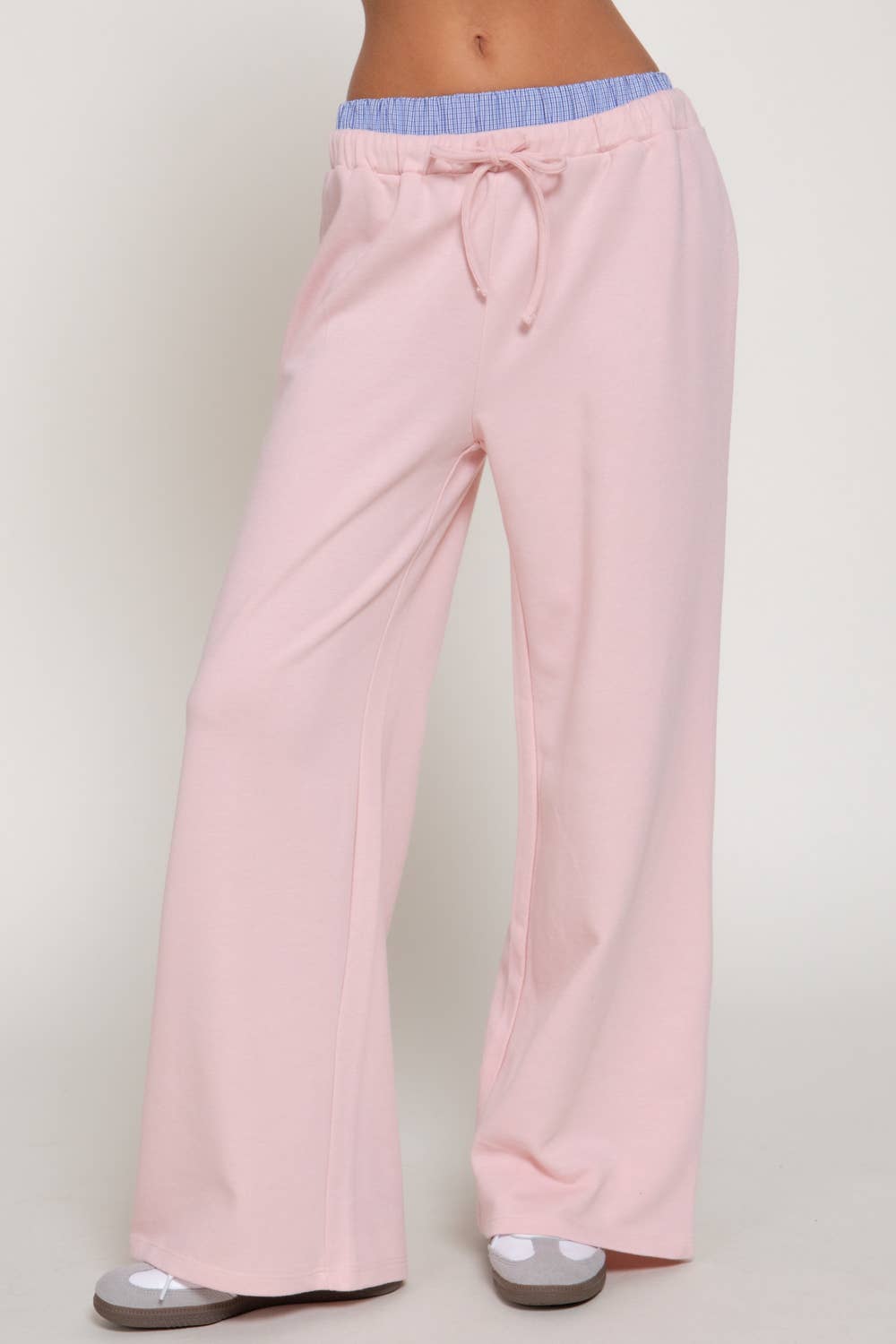 Pink Elastic Waist Long Pants with Contrasting Check Panel